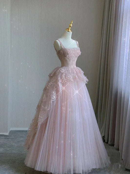 Vintage Pink Lace Shiny Sequin A-Line Tulle Prom Dress Party Dress Evening Dress TP4505