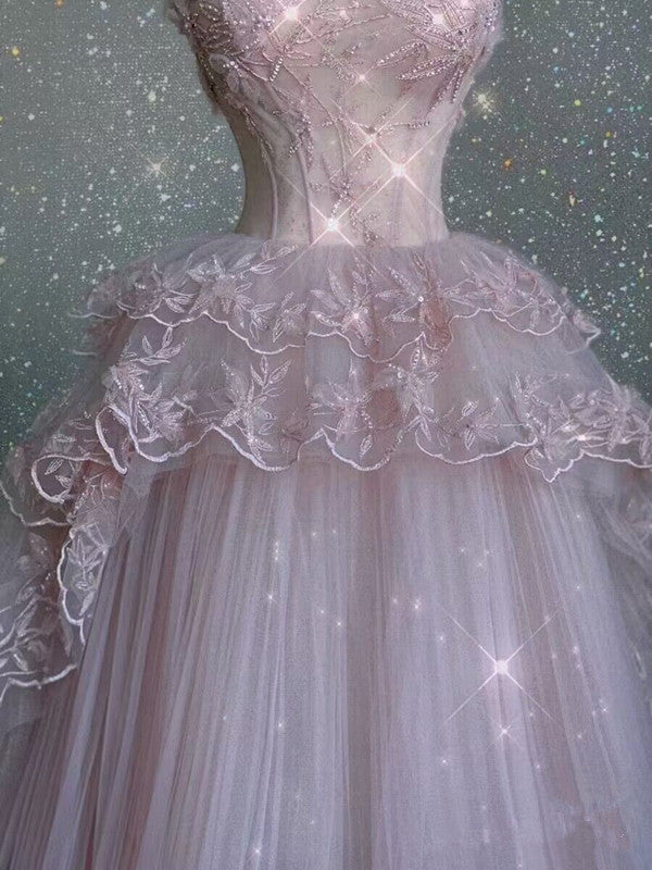 Modest Ball Gown Straps Pink Tulle Prom Dresses 22th Birthday Outfit P1786