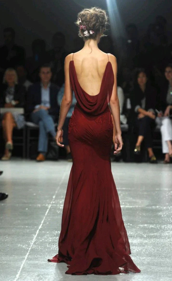 Vintage Burgundy Mermiad Applique Spaghetti Strap Long Prom Dress Evening Dress TP4293