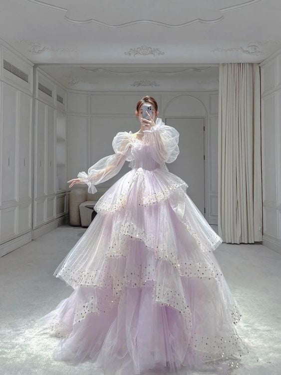 Ball Gown Off The Shoulder Tulle Lilac Prom Dresses Evening Dress P2033