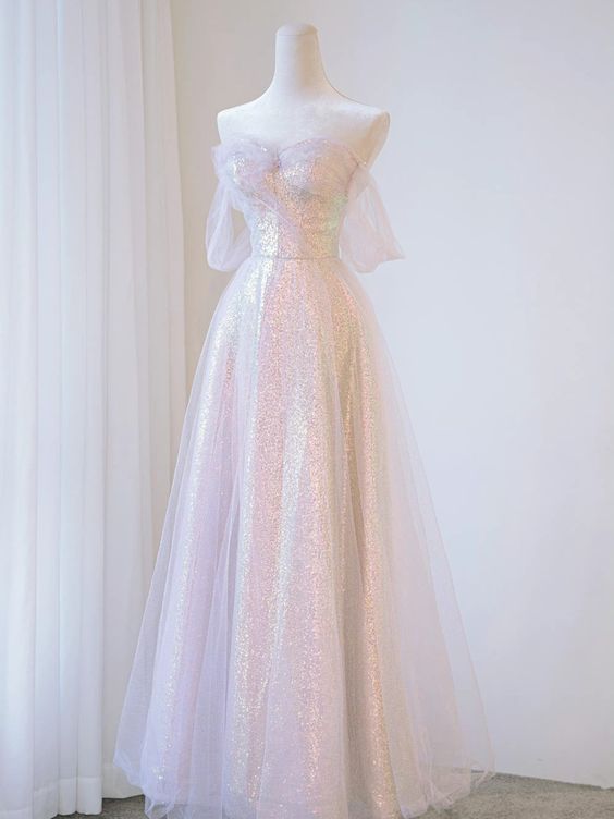 A line Off The Shoulder Tulle Pink Prom Dresses Evening Dress P2034