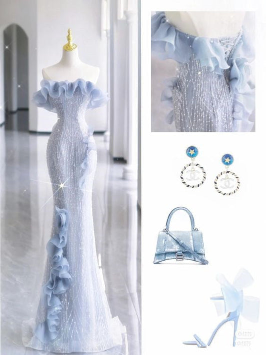 Mermaid Strapless Blue Sequin Prom Dresses Evening Dress P2038