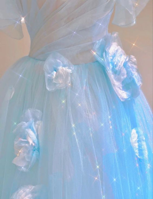 Fairy A line Blue Floral Prom Dresses Evening Dress P2057