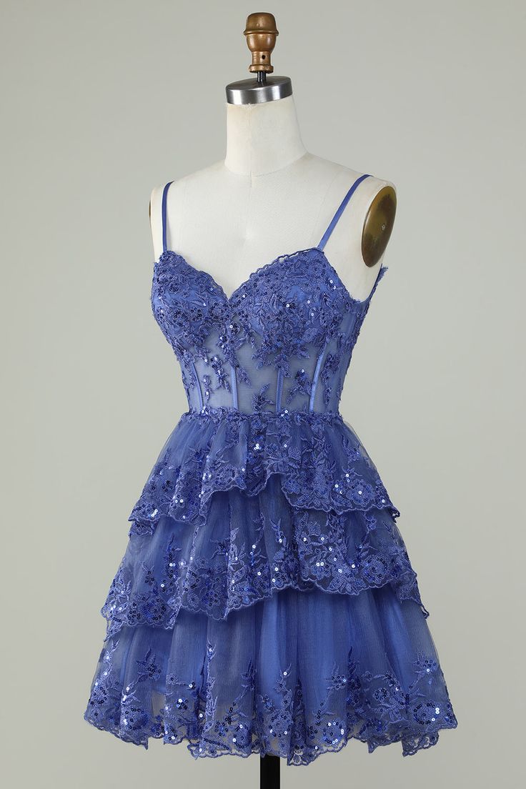 Sexy A Line Lace Short Navy Blue Homecoming Dress P2277
