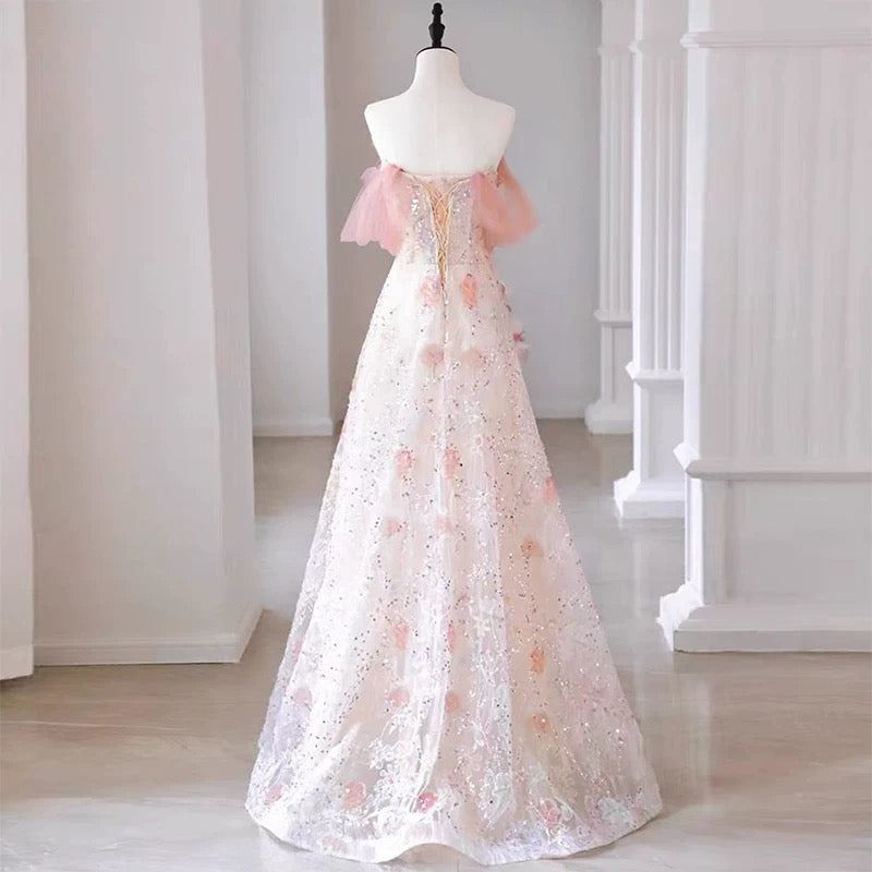 Sexy A Line Off The Shoulder Pink Tulle Floor Length Floral Prom Dresses P2395