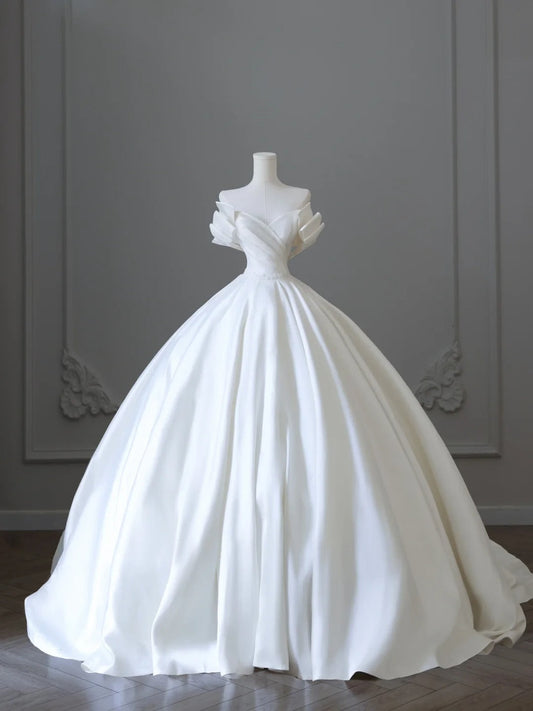Classic V-neck bow elegant satin white light wedding dress P2501