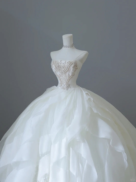 Flowing White Tulle A-Line Floor-Length Wedding Dress P2526