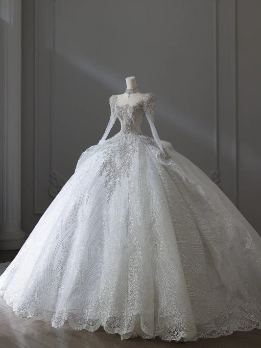 French Retro Shiny Rhinestone Round Neck Lace Long Sleeve Floor-Length Wedding Dress P2544