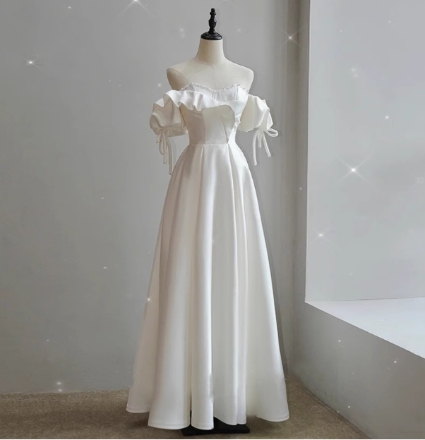 Simple satin off-shoulder A-line floor-length wedding dress P2652