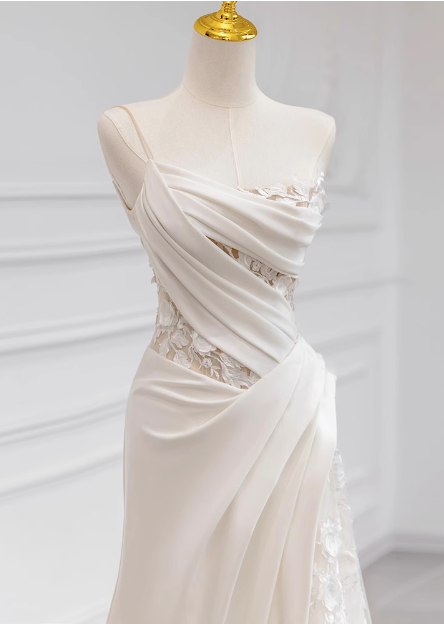 Chic and Elegant White Strapless Satin Lace Mermaid Light Wedding Dress P2716