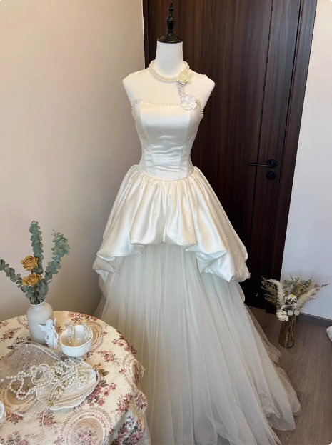French Strapless Satin Tulle A-Line Wedding Dress with Tie-Back P2732