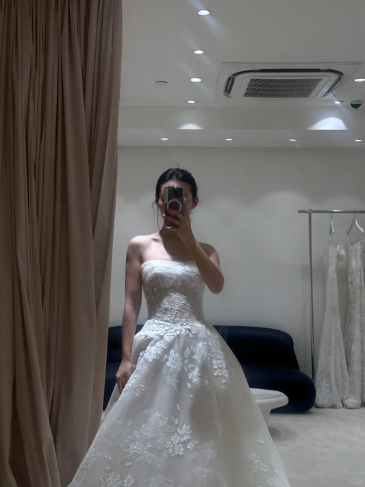 Gentle tube top lace pattern simple wedding dress P3095