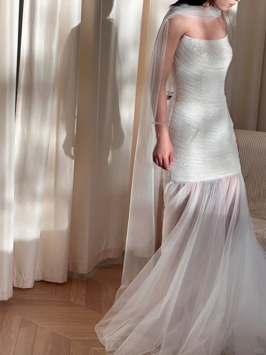 Stunning White Strapless Beaded Mermaid Tulle Wedding Dress P3096