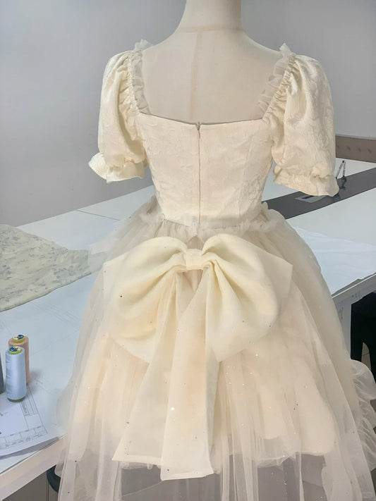 Princess light yellow puff sleeves heavy bow tail homecoming dress P3177