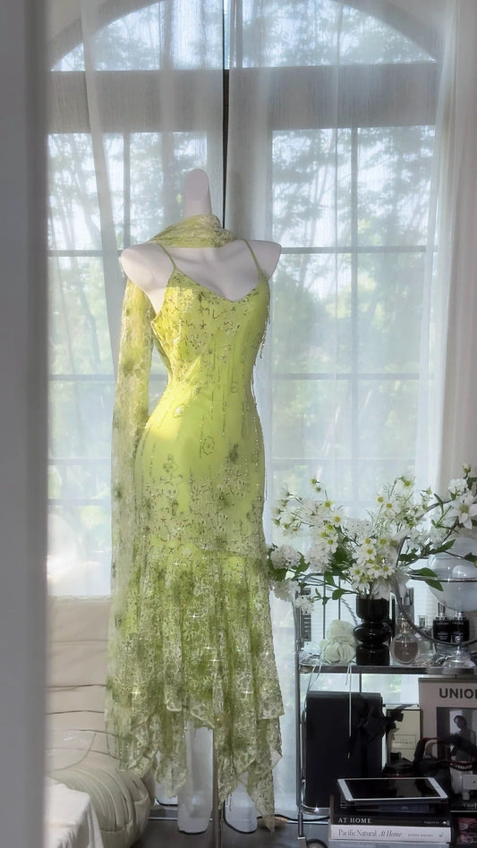 Shiny Green Beaded Straps Chiffon Irregular Skirt Prom Dress P3259