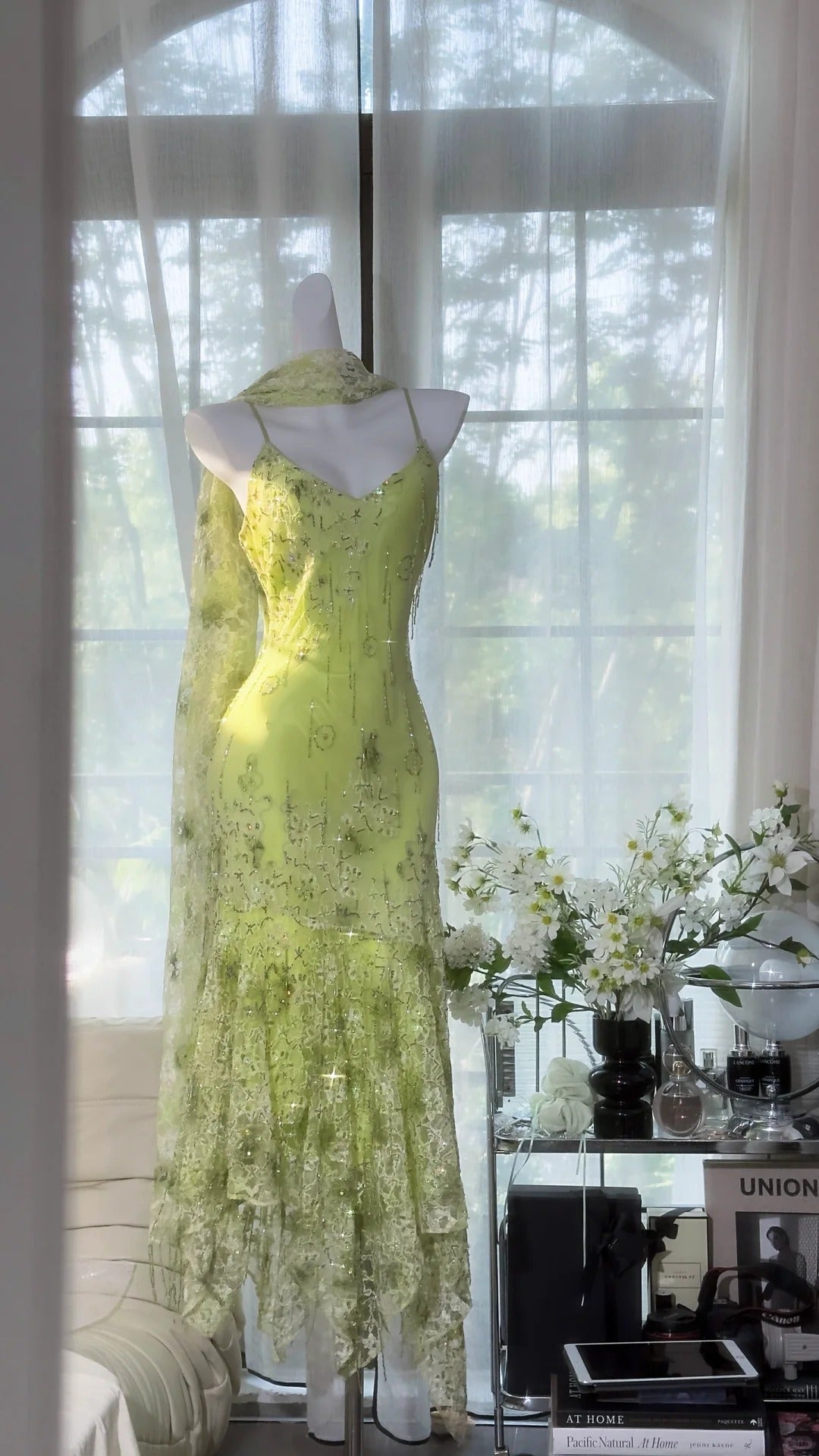 Shiny Green Beaded Straps Chiffon Irregular Skirt Prom Dress P3259