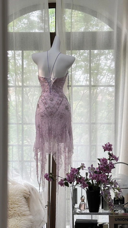Sexy Purple Lace Tube Top Beaded Earrings Curled Skirt Prom Dress P3274
