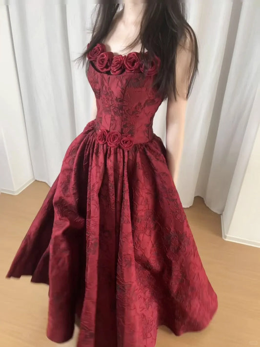 Beautiful Burgundy Tube Top Three-dimensional Rose Lace A-line Prom Dress P3438