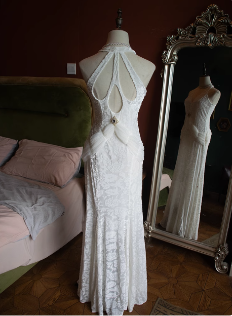 Sexy Lace Halter V Neck Mermaid Prom Dress P3482
