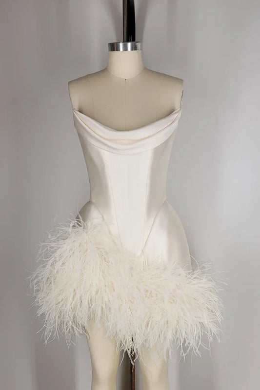 Elegant Satin Tube Top Feather Edge Bodycon 19th Birthday Homecoming Dress P3604