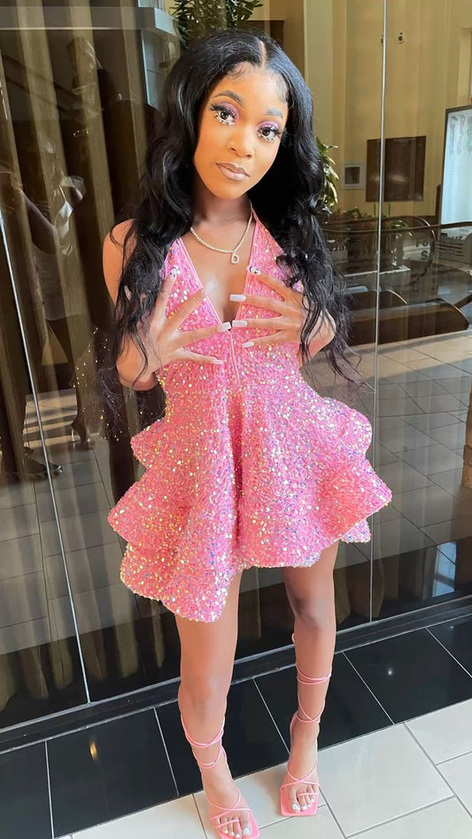 Sweet Pink Sequined V Neck Mini 17th Birthday Homecoming Dress P3671