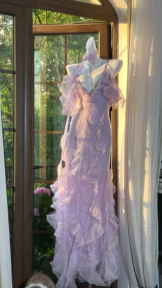 Beautiful Lavender Deep V-neck Suspender Lace Ruffled Mermaid Prom Dress P3795