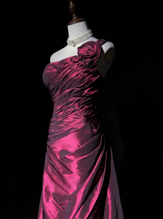 Retro One Shoulder Burgundy Satin Pleated Long Prom Dress Evening Gown SP1968