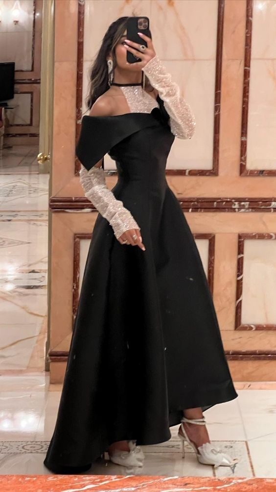 Classy Black A-line Satin Evening Dress,Black Dinner Dress Y6700