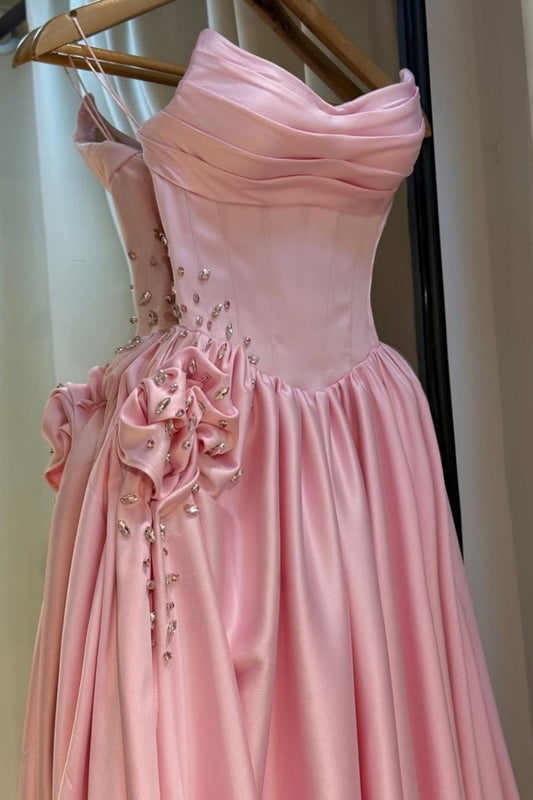 Pale Pink Satin Strapless Homecoming Dress with Rhinestone 3D Flower and High Slit