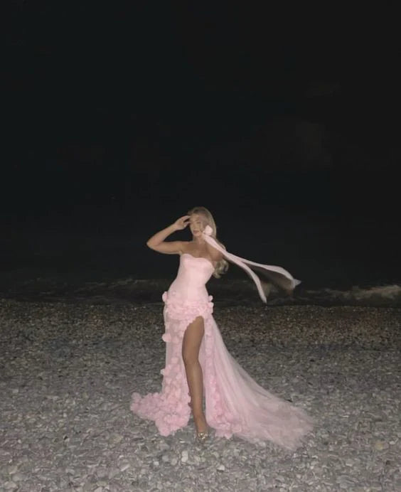 Pink 3D Floral Mermaid Tulle Long Prom Dress, AST918