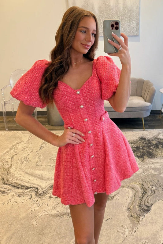 Pink Tweed Puff Sleeve Homecoming Dress with Pearl Buttons and Fit Flare Silhouette
