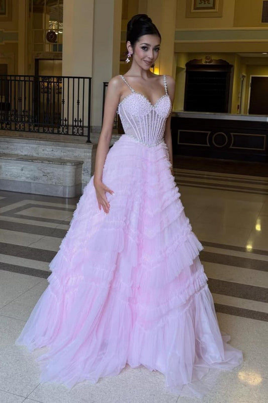 Pink Corset Spaghetti Straps Prom Ball Gown with Beaded Bodice & Tiered Skirt