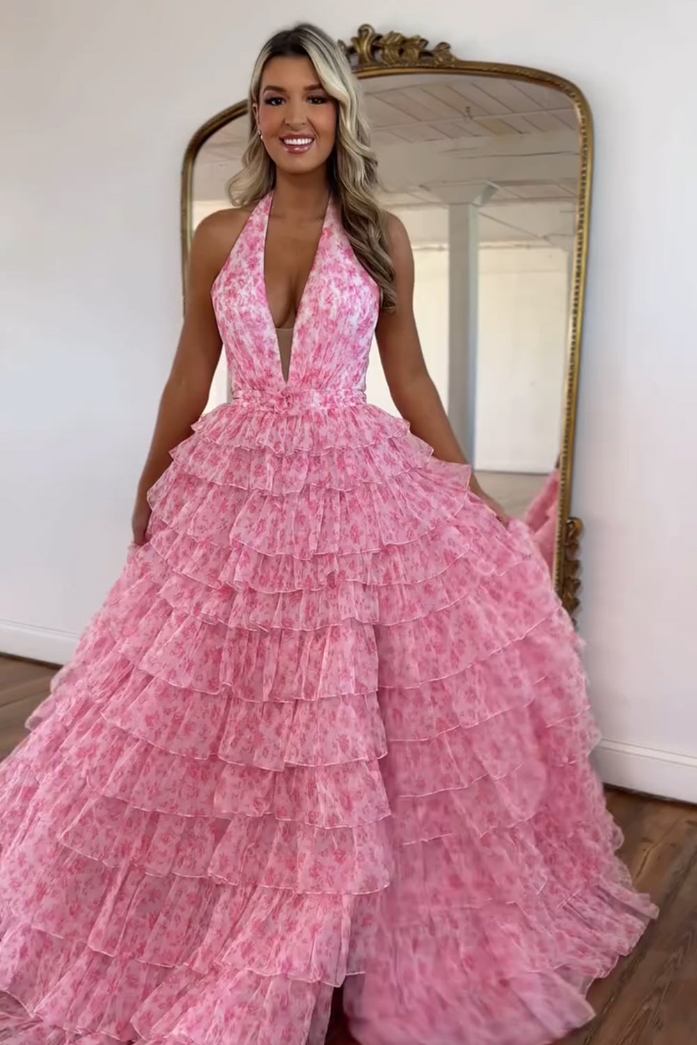 Princess A Line Halter Neck Pink Printed Tulle Long Prom Dress with Ruffles