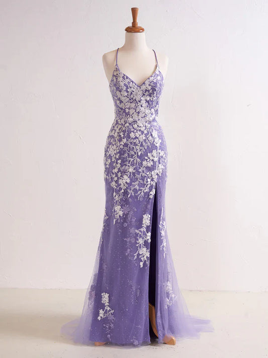 omberprom Mermaid V Neck Long Prom Dress with Appliques Beading Evening Dress