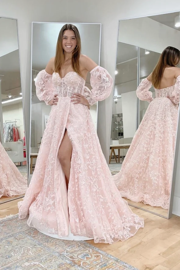 Pink lace sequins long prom dress pink evening dress Y245