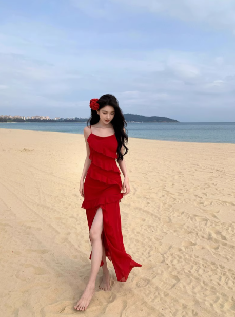 Bright red white suspender dress for women with ruffled slits for travel and holiday R0216
