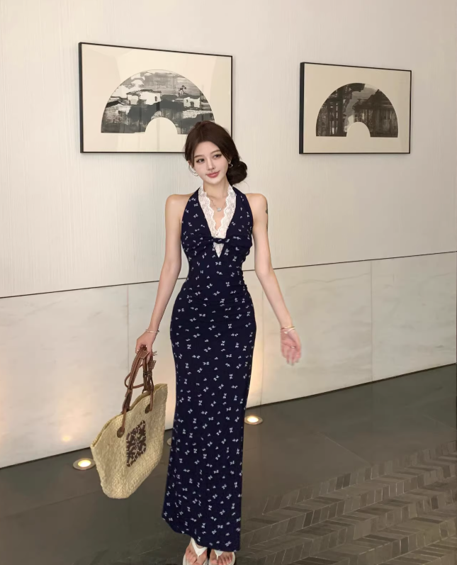 Simple Floral Design Navy Blue A-Line Women Beach Holiday Halter Dress TP3151