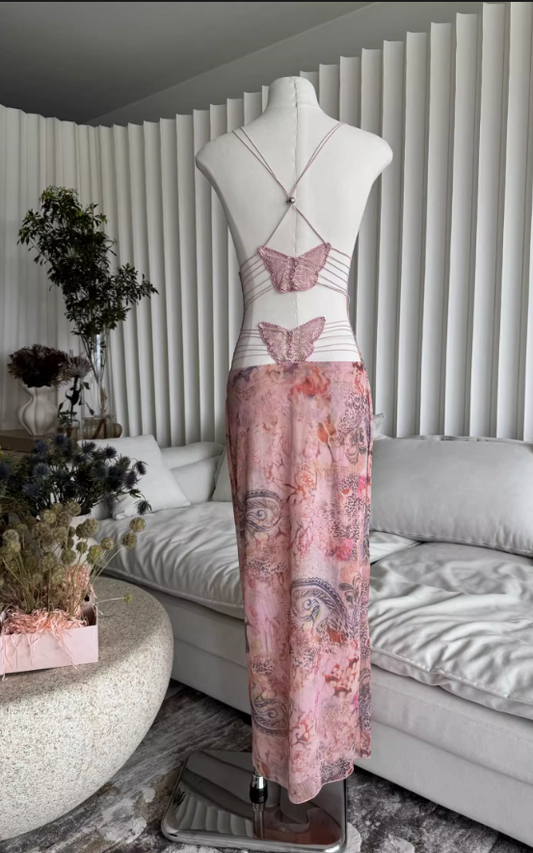 Sweet Spaghetti Strap V-neck Backless Design Floral Print A-line Women Dress TP3868