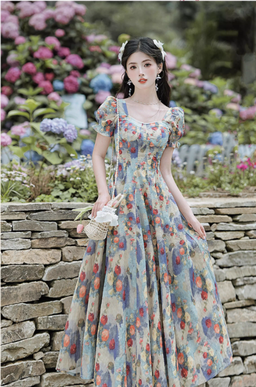 Vintage Floral A-Line Prom Dress Short-sleeve Evening Dress Long Formal Dress TP4730