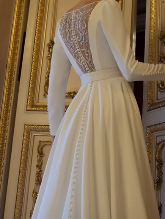Elegant White Beaded A-Line Long-sleeve Trailing Long Wedding Dress TP4828