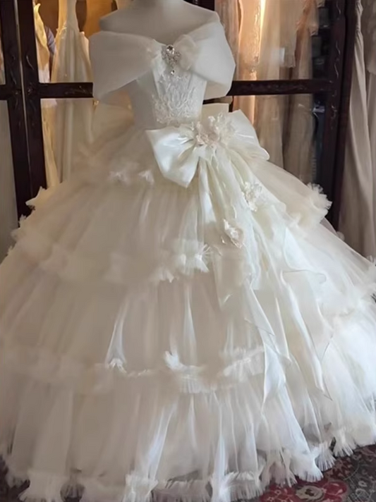 Gorgeous Ivory Applique Beaded Off-the-shoulder Sweet 16 Quinceanera A-Line Tulle Evening Dress Ball Gown TP4913