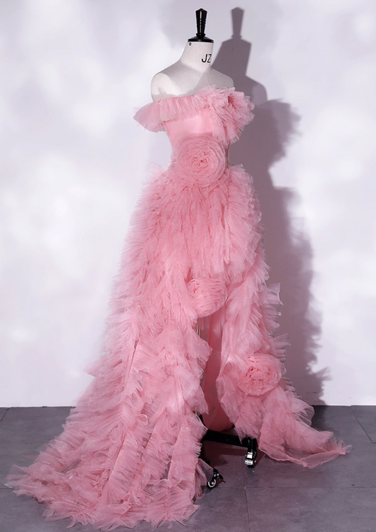 Vintage Pink A-Line Evening Gown Tulle Off-the-shoulder Party Dress Long Formal Dress TP4940