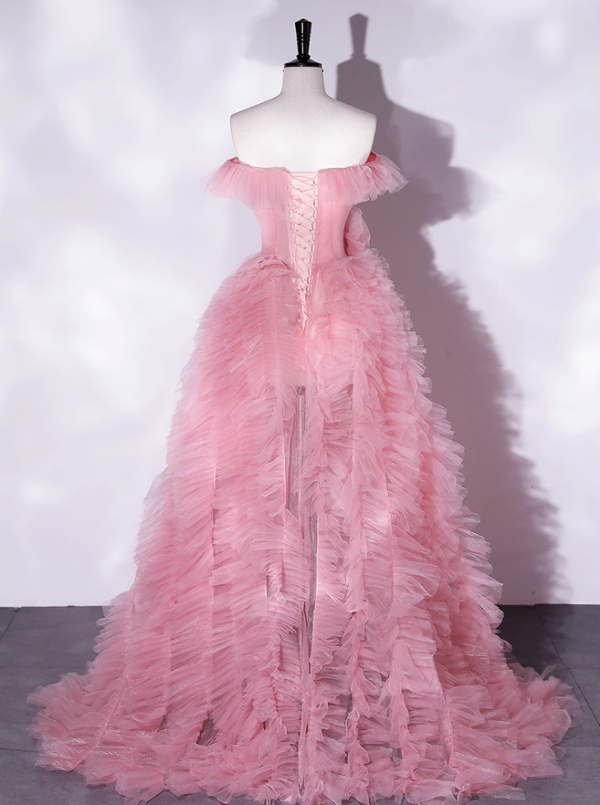 Vintage Pink A-Line Evening Gown Tulle Off-the-shoulder Party Dress Long Formal Dress TP4940