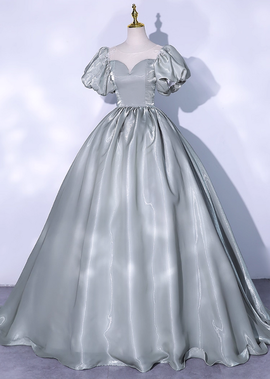 Vintage Greyish-green Satin A-Line Evening Gown Sweetheart Puffy Sleeve Party Dress Long Formal Dress TP4953
