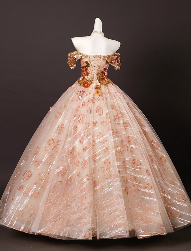 Chic Applique Sweetheart A-Line 3D Flowers Prom Dress Off-the-shoulder Long Quinceanera Ball Gown TP5214