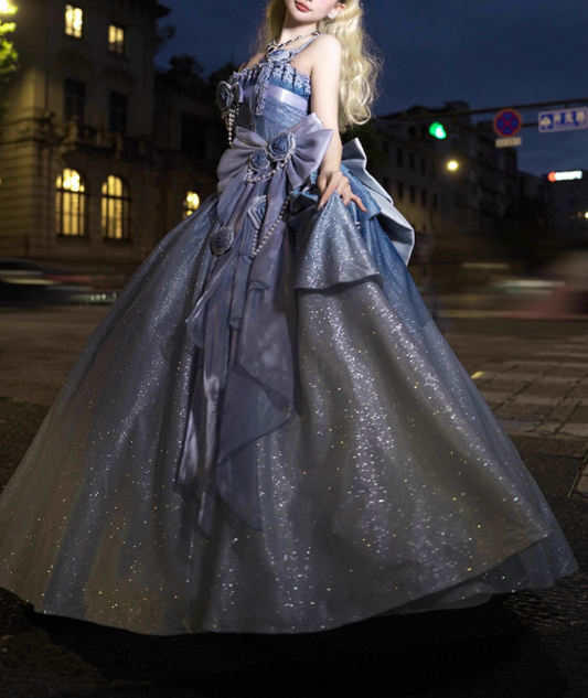 Glamorous Sparkling Ombre Blue Lolita Ball Gown Vintage Inspired Ruffled Corset Prom Dress TP5064