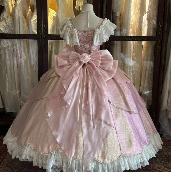 Glamorous Pink Shimmer Lolita Ball Gown _ Vintage-Inspired Lace & Pearl Embellished Princess Dress with Floral Bow Accents TP5067