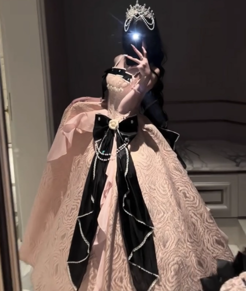 Vintage-Inspired Pink & Black Contrast Lolita Ball Gown _ Bow & Pearl Embellished Princess Dress TP5068