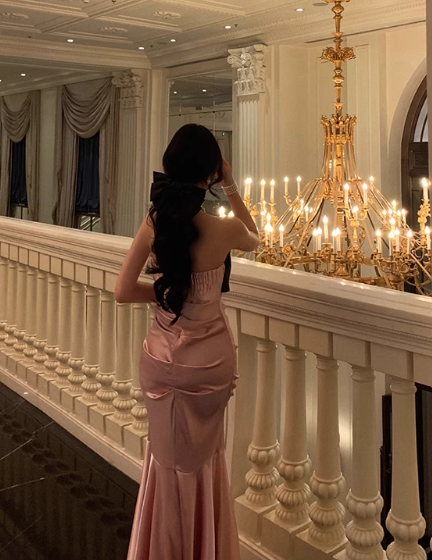 Elegant Pink Satin Mermaid Black Strapless Bodice Evening Gown TP5117