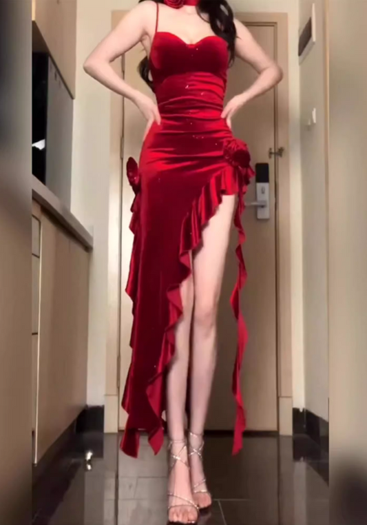 Vintage Red Velvet Spaghetti Strap Ruffled High Slit Floral Embellished Evening Gown TP5129